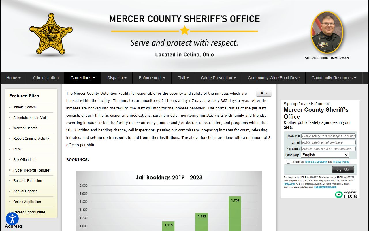 Mercer County Sheriff's Office corrections page with detention facility contact information