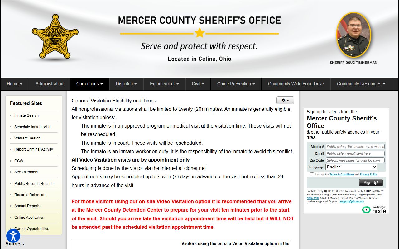 Mercer County visiting hours page for on-site and off-site video visitation